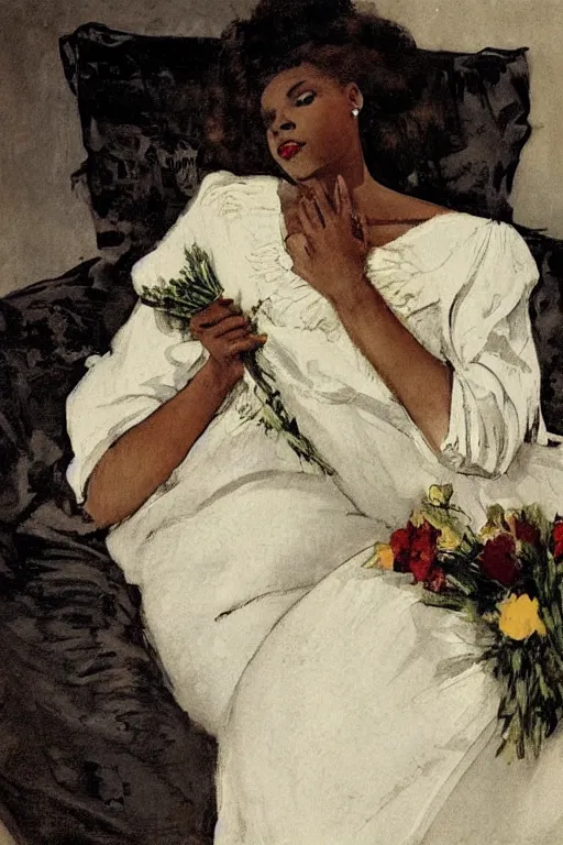 Image similar to black european woman in a gown laying on couch, bloom flowers, modern, eclectic, illustration, by ramon casas