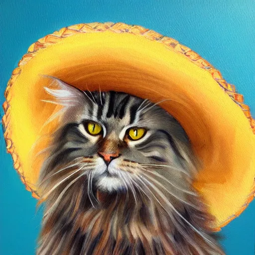 Prompt: Portrait Oil Painting Thick-Strokes of a photogenic Maine-Coon wearing a sombrero sombrero sombrero