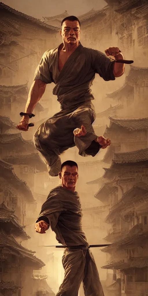 Prompt: a beautiful illustration of a young jean claude van damme, intricate, shaolin fight, arab city, houses, sharp focus, illustration, highly detailed, digital painting, concept art, matte, art by wlop and artgerm and greg rutkowski and alphonse mucha, masterpiece