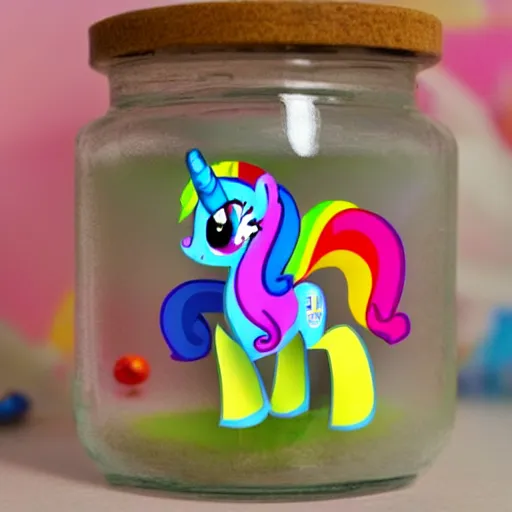 Image similar to a my little pony figure in a jar covered in a mysterious sticky yellowish fluid