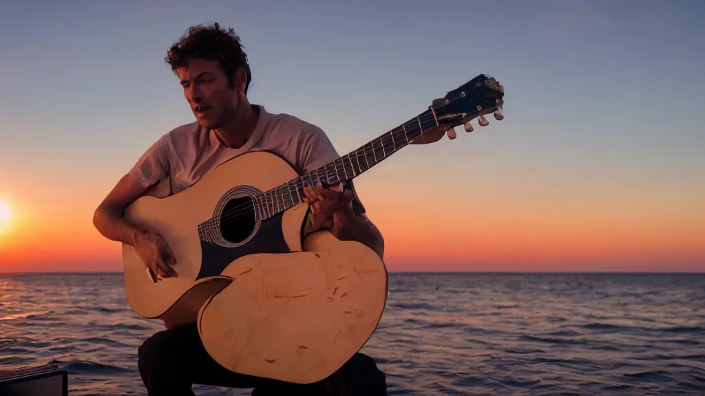 Image similar to a movie still of a man playing guitar on the roof of a car driving through the ocean at sunset, golden hour