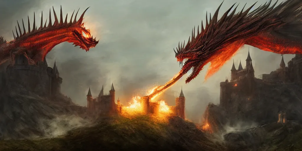 Image similar to an environmental concept art of a highly detailed dragon breathing fire on a castle, game of thrones, environmental light, cinematic by francis tneh