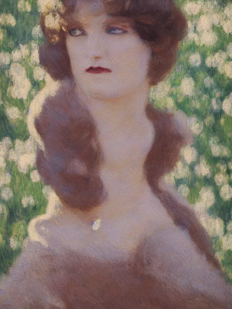 Image similar to portrait of < zelda fitzgerald > as a beautiful young lady wearing 1 9 2 0 s fashion, blurry face, brown hair, slim, fair, severe out of focus, depth of field, pleinairism, in the sun, backlit, closeup, oil on canvas, atr by monet, in the style of le promenade, smooth, impressionnisme, 8 k