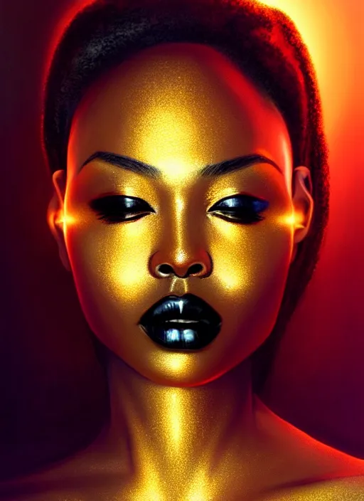 Prompt: a gorgeous black woman oil painting, soft lighting, wearing shiny gold catsuit, illuminated only by floating, glowing alien symbols, realistic, smooth face, perfect eyes, wide angle, sharp focus on eyes, 8 k high definition, insanely detailed, intricate, elegant, art by artgerm, livia prima and wlop