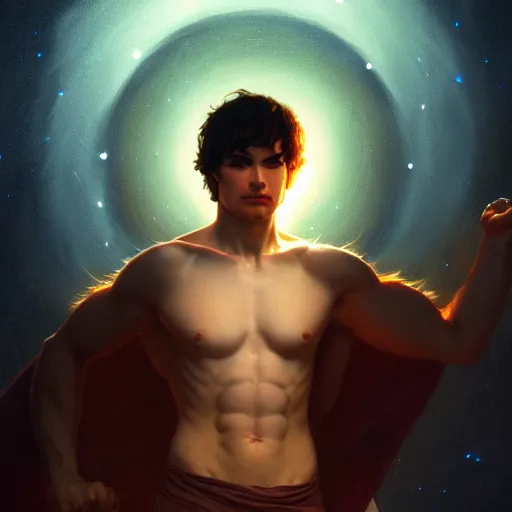 Image similar to ian somehalder posing, warm volumetric lighting, cosmic, symmetric, highly detailed, elegant, concept art, heavenly, god rays, intricate, sharp focus, illustration, alexandros pyromallis, bouguereau, rutkowski, artgerm, alphonse mucha