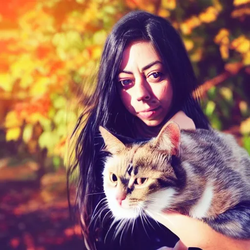 Image similar to a girl that slightly looks like aubrey plaza, with long dark hair holding a cat in her arms, a stock photo by juan villafuerte, pexels contest winner, high quality photo, rtx, hd, shiny eyes, rasquache