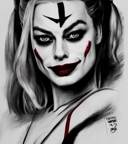 Image similar to a realism drawing of beautiful margot robbie as harley quinn portrait with joker makeup, in the style of den yakovlev, realistic face, black and white, realism, hyper realistic, highly detailed