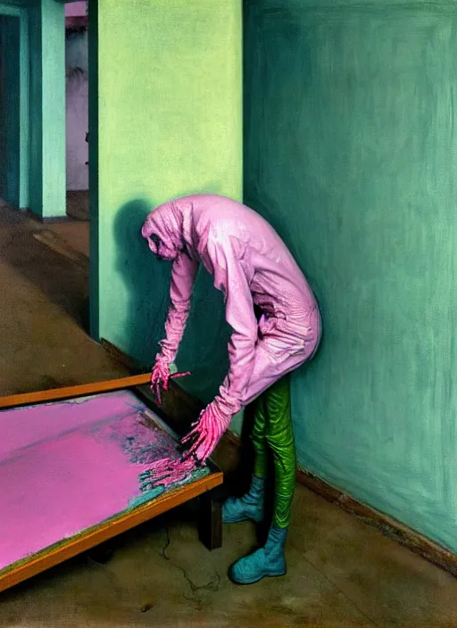 Image similar to a skinny, starving artist wearing overalls, painting the walls inside a grand ornate chernobyl sarcophagus, hauntingly surreal, highly detailed painting by francis bacon, edward hopper, adrian ghenie, gerhard richter, and james jean, soft light 4 k in pink, green and blue colour palette