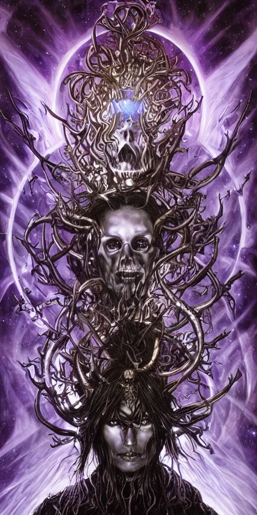 Prompt: intense glowing black metal pagan god with horns and veins and intense glowing eyes and a skull in very dark cosmic space by karol bak and artgerm and alphonse mucha, portrait, fantasy, clear, light beams, lens flare, intense, uhd, amazing depth, cinematic lighting, purple and violet and indigo and blue