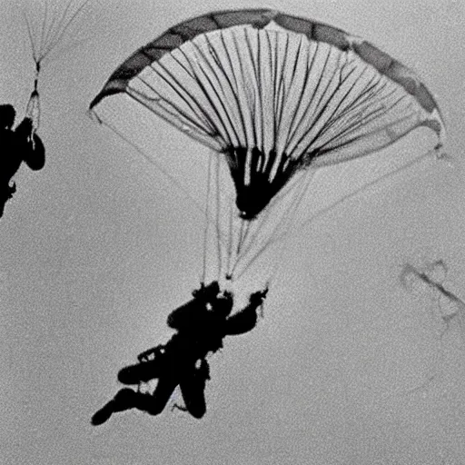 Image similar to grainy 1800s photo of a cybernetic paratroopers parachuting out of mechanical flying machines into a city