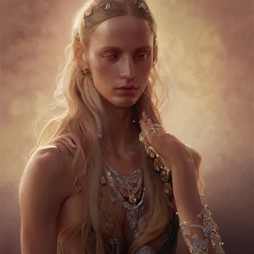 Image similar to Maya Stepper , intricate, elegant, highly detailed, digital painting, artstation, concept art, smooth, sharp focus, illustration, art by artgerm and greg rutkowski and alphonse mucha