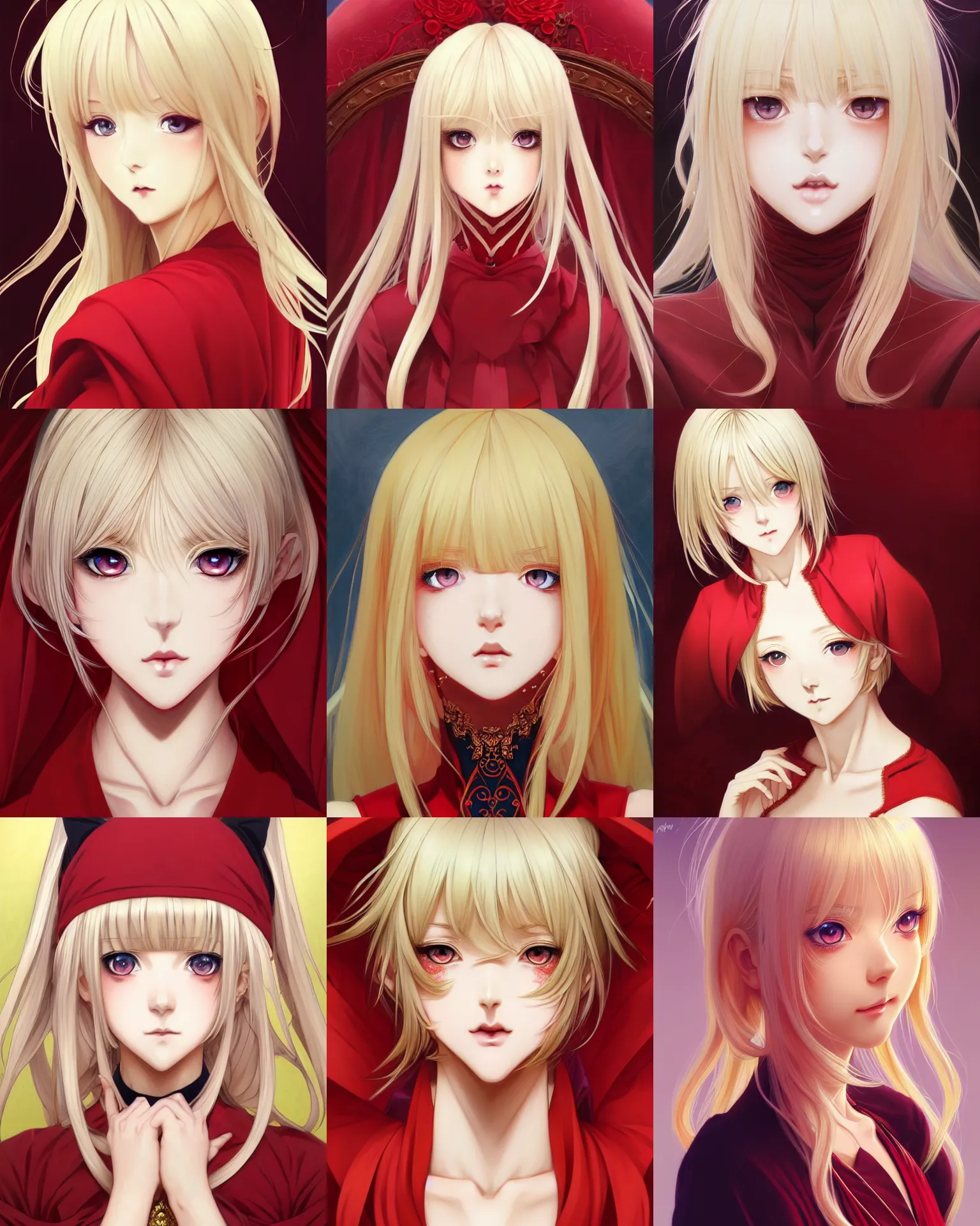 Prompt: symmetry!!!!!! beautiful anime blonde girl close portrait, wearing an ornate red dress, mole next to lip, ultra detailed, elegant, soft, expressive real eyes, anime, dynamic lighting, digital art, digital painting, artstation, wlop, sharp focus, illustration, art by artgerm and greg rutkowski and alphonse mucha, 8 k