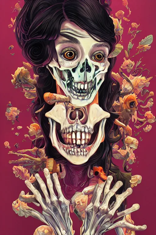 Image similar to a smiling cute zombie woman peeling exposed bones skin and wavy hair, tristan eaton, victo ngai, artgerm, rhads, ross draws