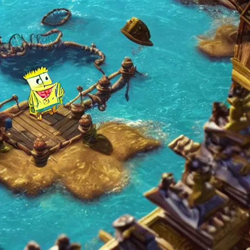 Prompt: a videogame still of Spongebob in Diablo III, portrait, 40mm lens, shallow depth of field, split lighting, cinematic