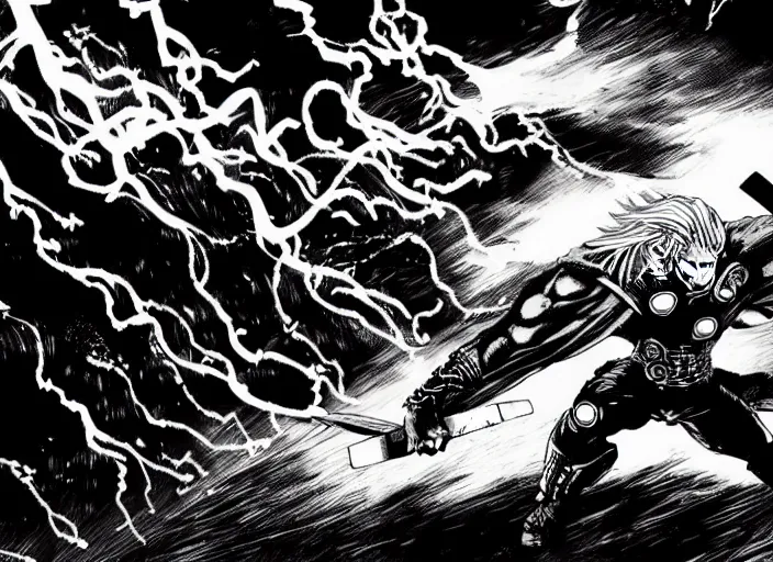 Image similar to thor with blond hair catches lightning and holds an ax in an epic battle with storm clouds with faces monsters by tsutomu nihei, black and white, epic battle background, comic, cinematic