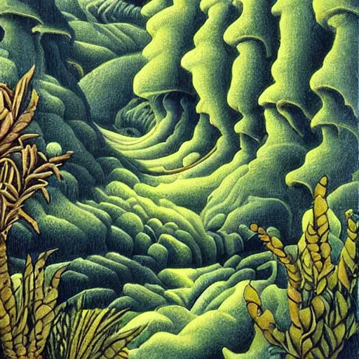 Image similar to painting of a lush natural scene on an alien planet by mc escher. beautiful landscape. weird vegetation. cliffs and water.