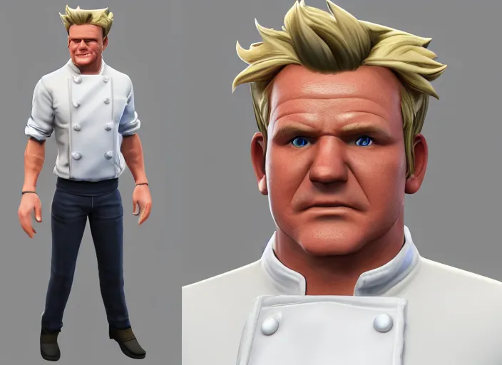 Image similar to 3 d model of gordon ramsay character in fighting game, stylized 3 d graphics, hdr, ultra graphics, ray tracing, 4 k image,'character selection screen '!!!