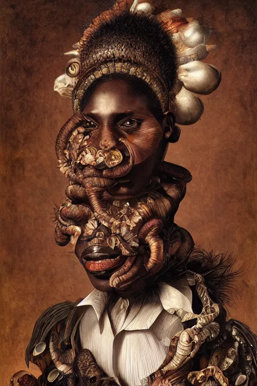 Prompt: Detailed maximalist portrait with dark skin, large mouth and with large white eyes, exasperated expression, HD mixed media, 3D collage, highly detailed and intricate, surreal illustration in the style of Caravaggio, dark art, baroque