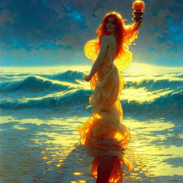 Image similar to ocean waves of glossy liquid honey drops flowing like translucent amber, lsd waves, lsd ripples, backlit, sunset, refracted lighting, art by collier, albert aublet, krenz cushart, artem demura, alphonse mucha