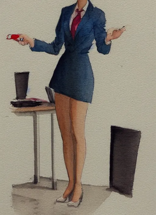 Image similar to concept art of a modern office life, young attractive business woman, pencil miniskirt, pinterest, artstation trending, behance, watercolor, by coby whitmore, silver, laser light,