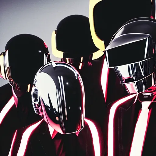 Image similar to a photo of a parade of people dressed in Daft Punk Helmets and Daft Punk Suits, 8k, dramatic lighting