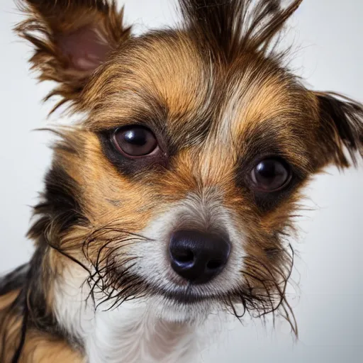 Image similar to studio portrait of a scruffy terrier-chihuahua mix with a tan face, white snout, and underbite