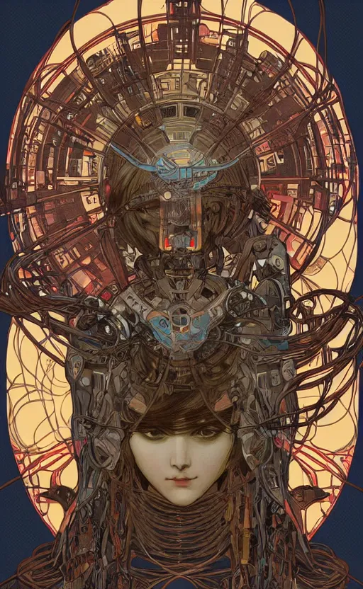 Image similar to upper half portrait of army mecha robot - wires and vines as design borders, art by alphonse mucha, highly detailed, digital painting, concept art, illustration, smooth sharp focus, intricate, symmetry, artstation, colourful,