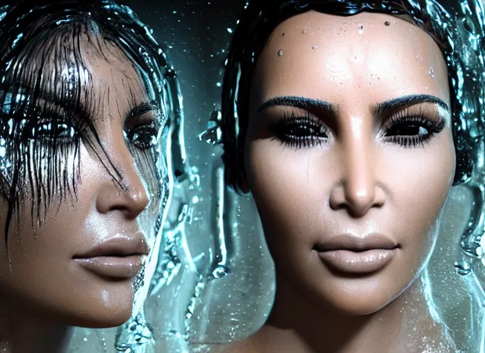 Image similar to epic still of kim kardashian trapped in a transparent alien liquid, wet flowing hair, gooey skin, illustration, unreal engine 5, 8 k, made by h. r. giger.