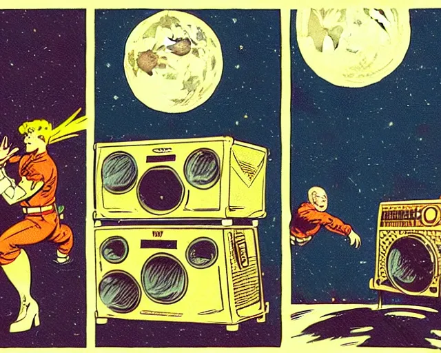 Image similar to three panels from a 1 9 3 0's comic book showing a big fat boombox, in front of a big moon, illustration, wide shot, muted colors, post grunge, concept art by josan gonzales and wlop, david rubin, mike mignola, laurie greasley, highly detailed, sharp focus, trending on artstation, hq, deviantart, art by artgem