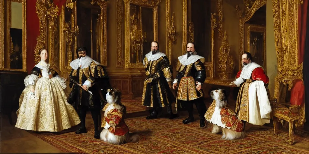 Prompt: A Spanish King with his queen and one young daughter, inside the morning room of their palace, a Yorkshire Terrier is at the arms of the king, very detailed, intricate, smooth, 8 k masterpiece, as painted by Velasquez