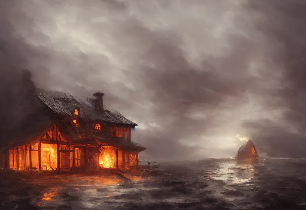 Prompt: a burning wooden cottage surrounded by storming sea, artstation, jakub rozalski, high detail, dramatic lighting, night, fog