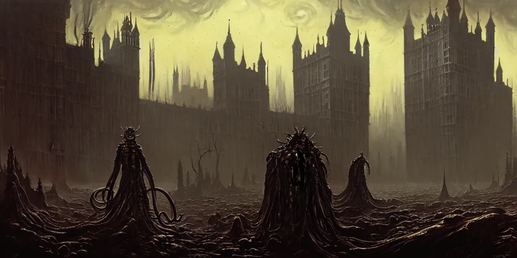 Prompt: stunning landscape of grotesque and horrifying london, victorian era!! lovecraftian horror, cosmic horror!! cinematic lighting, bloodborne, horror fiction, digital art, winning award masterpiece, fantastically beautiful, aesthetically inspired by wayne barlowe and gerald brom, trending on artstation, art by greg rutkowski and h r giger, octane render, 8 k