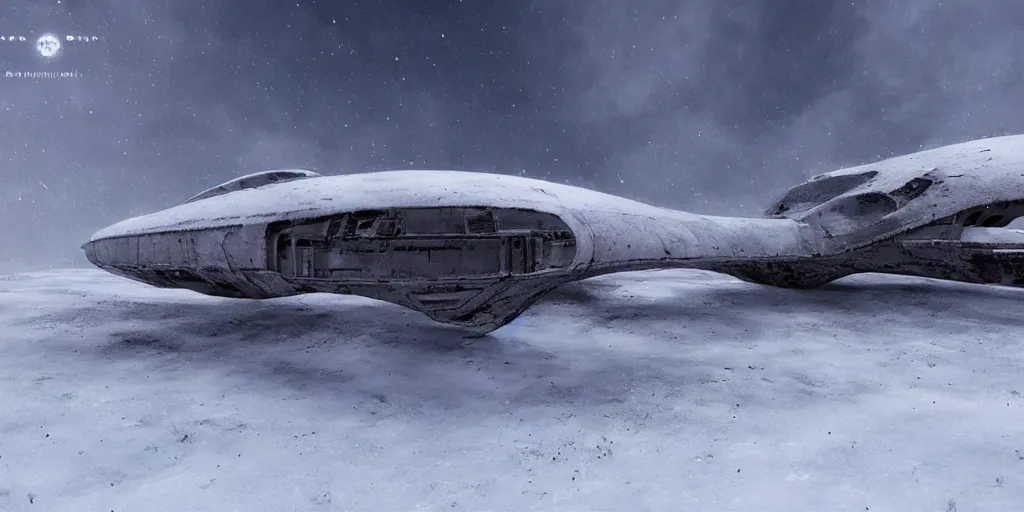 Image similar to remnants of an old spaceship in snow, artstation