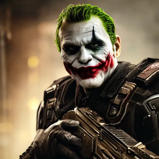 Image similar to the joker in gears of war, splash art, movie still, detailed face, photorealistic facial features, cinematic lighting, dramatic, octane render, long lens, shallow depth of field, bokeh, anamorphic lens flare, 8 k, hyper detailed, 3 5 mm film grain