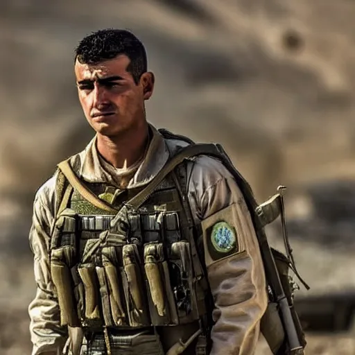 Image similar to kurdish ypg soldier in a movie directed by christopher nolan, movie still frame, promotional image, imax 7 0 mm footage, 8 k uhd