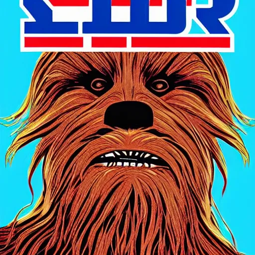 Prompt: chewbacca presidential election poster showing close up of chewbacca face red and blue duotone by sheperd fairey no text