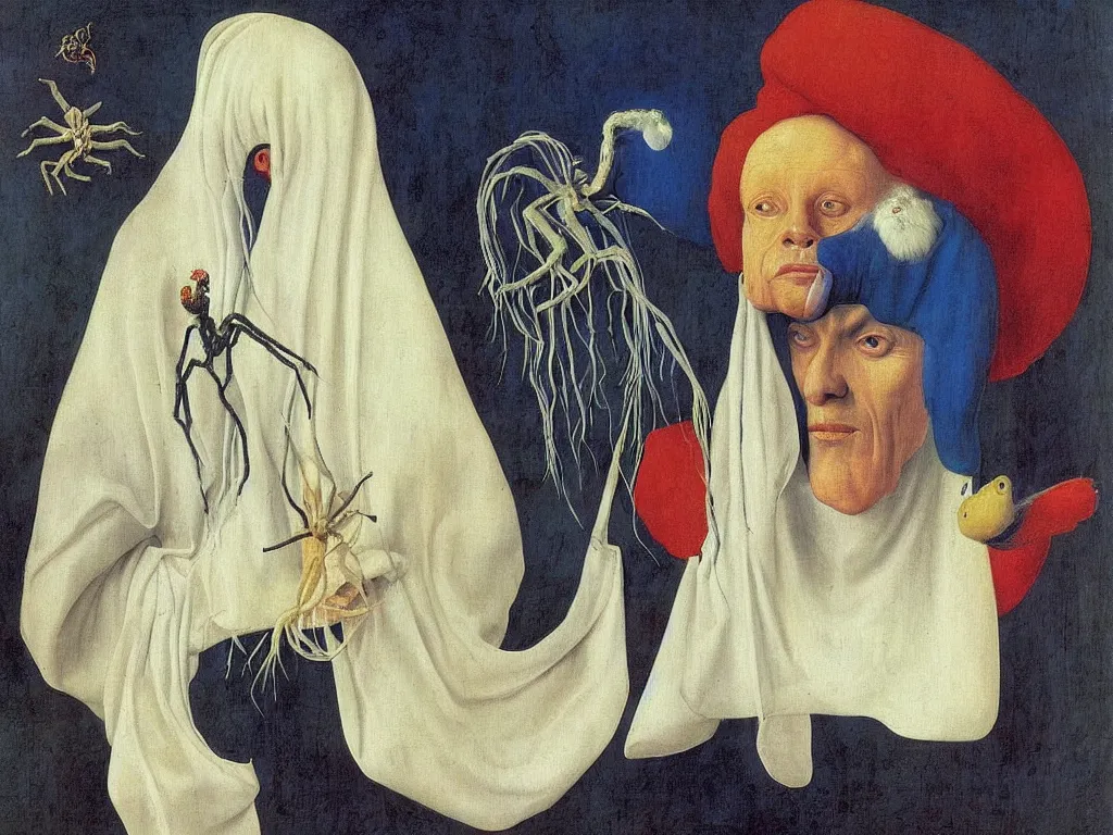 Prompt: portrait of albino mystic with blue eyes, with beautiful exotic spider. Painting by Jan van Eyck, Audubon, Rene Magritte, Agnes Pelton, Max Ernst, Walton Ford