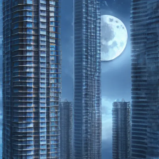 Image similar to russian high - rise buildings, in the style of the futuristic future, the destroyed moon in the sky, photorealism, digital painting, 4 k,