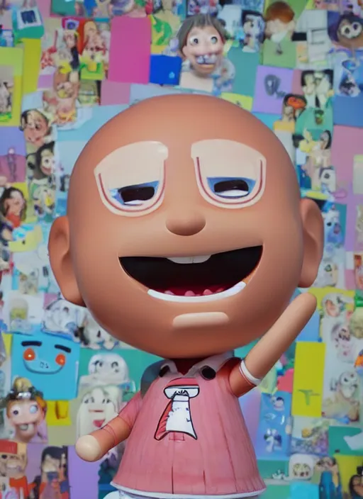 Image similar to a hyperrealistic oil painting of a kawaii vocaloid nendoroid caricature with a big dumb grin featured on Wallace and Gromit by George Condo