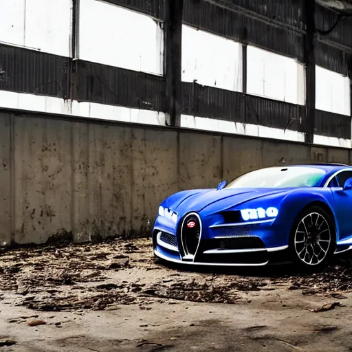 Prompt: an abandoned, derelict, ( really rusty ) bugatti chiron in a dirty warehouse