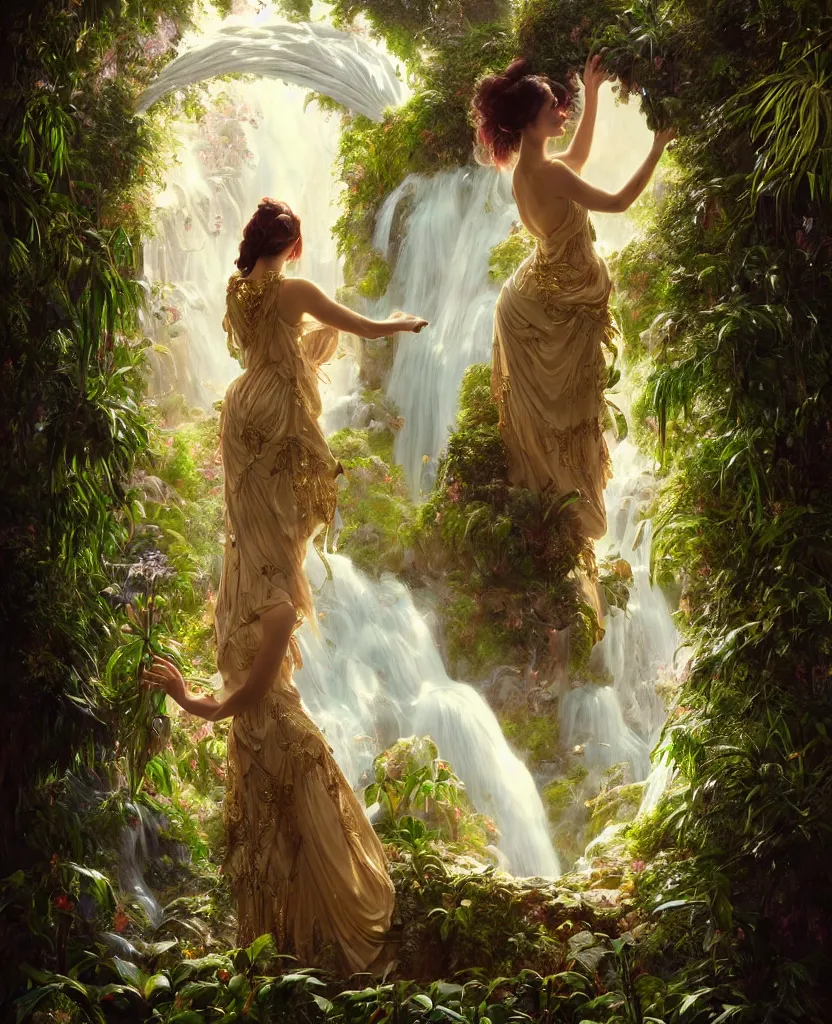 Prompt: hyper realistic photographer looking through a vintage medium format camera, magic pouring from lens, fantasy castle, full body waterfall dress, design on white background, beautiful details, lush foliage cyberpunk, gold, drawn by john singer sargent, tom bagshaw, norman rockwell, alphonso mucha, lolish, trending on artstation