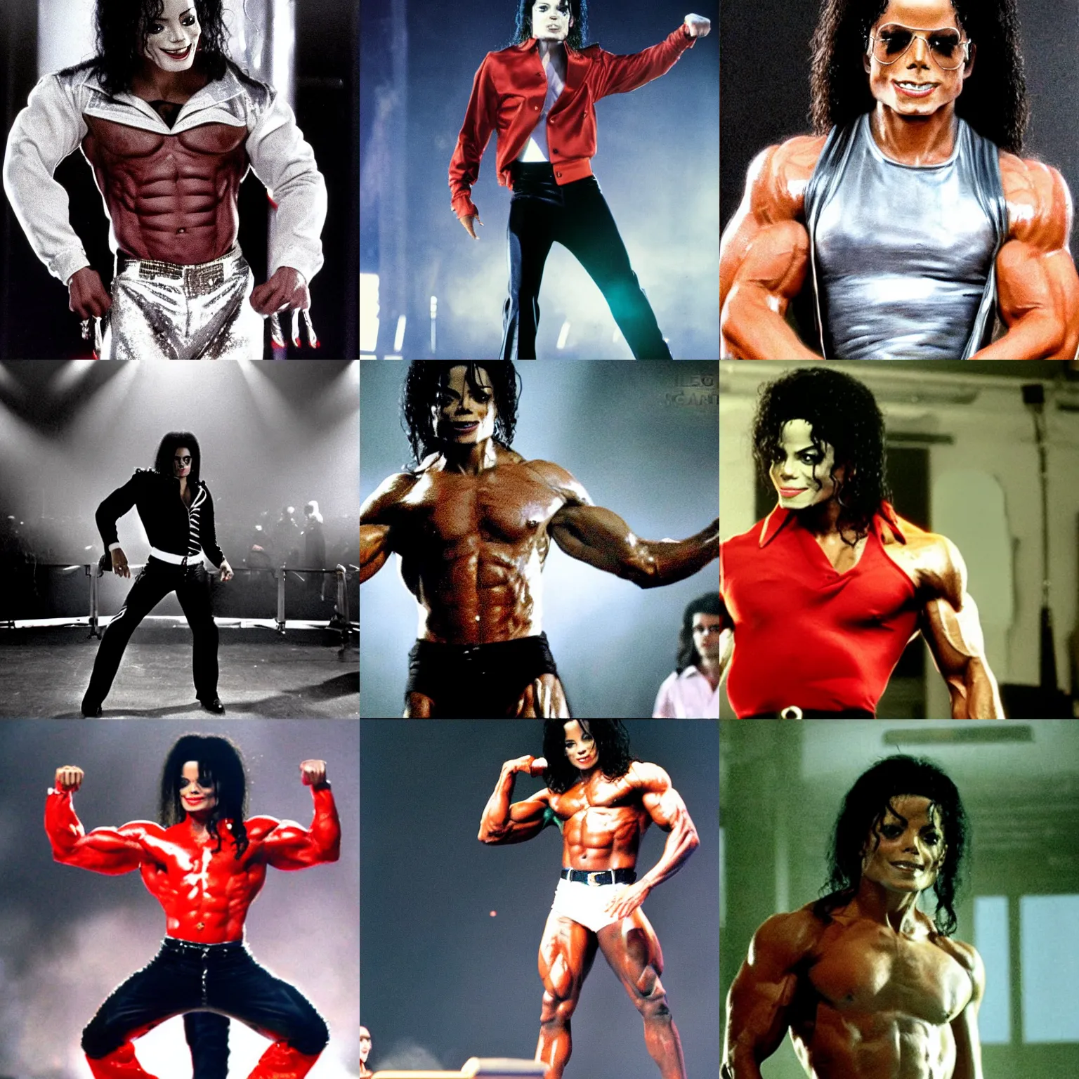 Prompt: very realistic film still of michael jackson as bodybuilder on steroids, in legnica