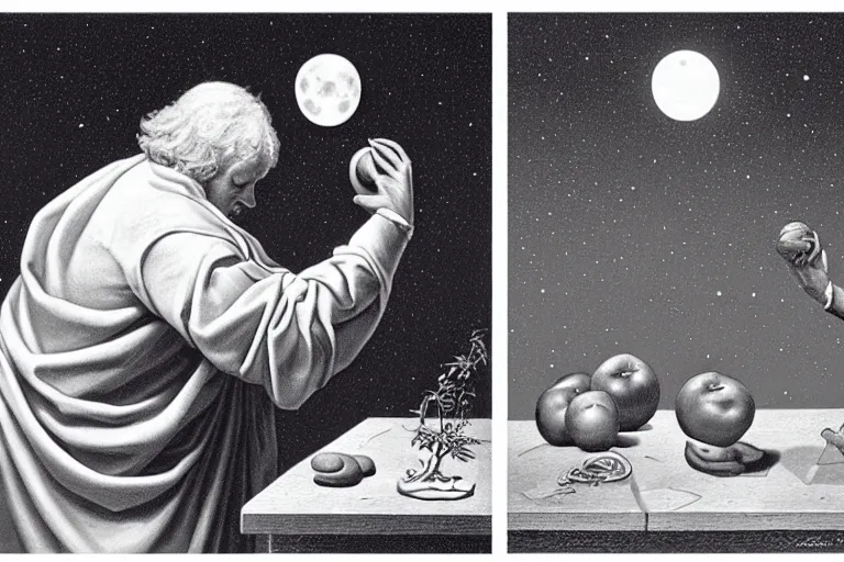 Prompt: Isaac Newton holding an apple in his hands and looking at the moon, by Greg Hildebrandt