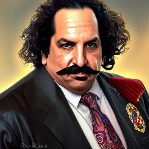 Prompt: handsome Ron Jeremy as President of United States of America as GTA character smoking a cuban cigar, sci-fi fantasy, closeup, D&D, intricate, elegant, highly detailed, digital painting, artstation, concept art, matte, sharp focus, illustration, art by Artgerm and Greg Rutkowski and Alphonse Mucha