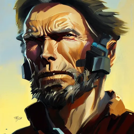 Prompt: greg manchess painting of clint eastwood as an overwatch character, profile picture, matte painting, bold shapes, hard edges, street art, trending on artstation, by huang guangjian and gil elvgren and sachin teng