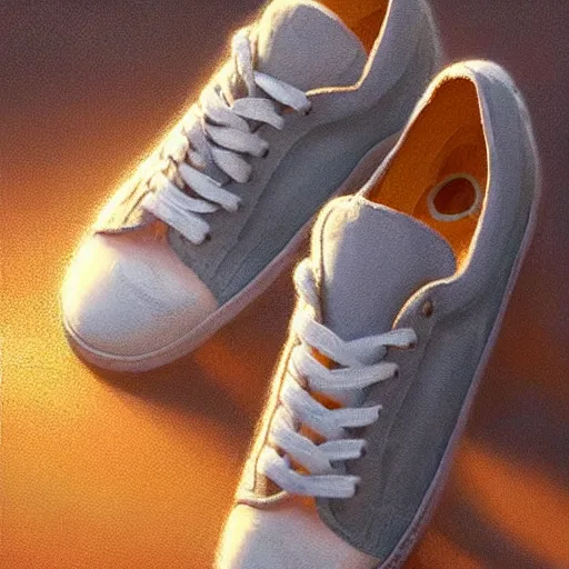 Prompt: a cute dog and a white sneaker shoe with its laces undone, highly detailed, hyperrealistic, sunset in the background, rays of golden sunlight, oil painting by greg rutkowski and artgerm and wlop