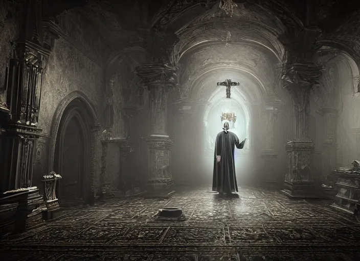 Image similar to a highly realistic and detailed full Priest standing in a dark dirty basement holding a rosary, wide angle 70mm lens, volumetric haze, front facing camera, symmetrical, photorealistic, insanely detailed and intricate, epic, hyper realistic, elegant, ornate, elite, horror, creepy, ominous, haunting, cinematic lighting, unreal engine, cinematic centered camera, high detail, no blur, unreal engine 8k