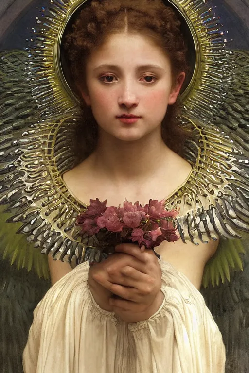 Image similar to hyperrealist highly detailed english medieval portrait of high fashion archangel wrapped in ferrofluid liquid, Art by William Adolphe Bouguereau,, Art by William Adolphe Bouguereau,, by Annie Swynnerton and Tino Rodriguez and Maxfield Parrish, elaborately costumed, rich color, dramatic cinematic lighting, extremely detailed, radiating atomic neon corals, concept art pascal blanche dramatic studio lighting 8k wide angle shallow depth of field, Art by William Adolphe Bouguereau, extreme detailed and hyperrealistic