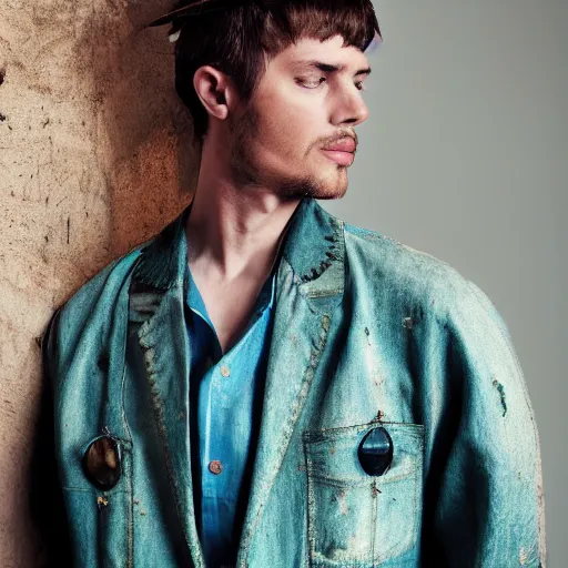 Prompt: an award - winning closeup editorial photo of a male model wearing a teal distressed baggy medieval linen menswear jacket by alexander mcqueen, 4 k, studio lighting, wide angle lens