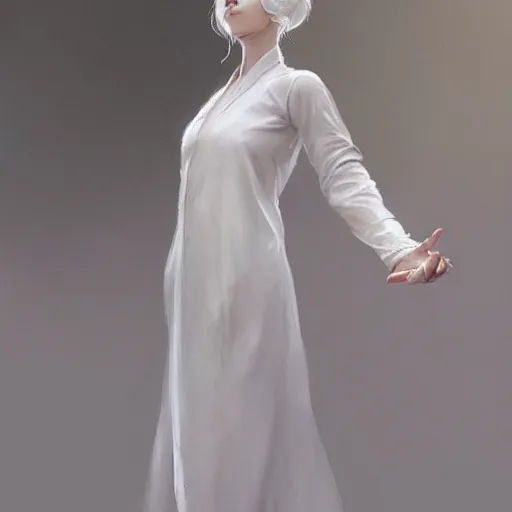 Prompt: woman, white clothed, white hair, daoist, artstation, concept art, style of greg rutkowski and alphonse mucha